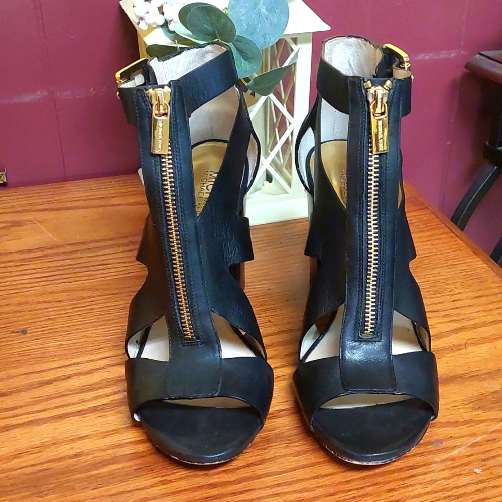 Michael Kors Black Leather Zip-Front Gladiator Sandals